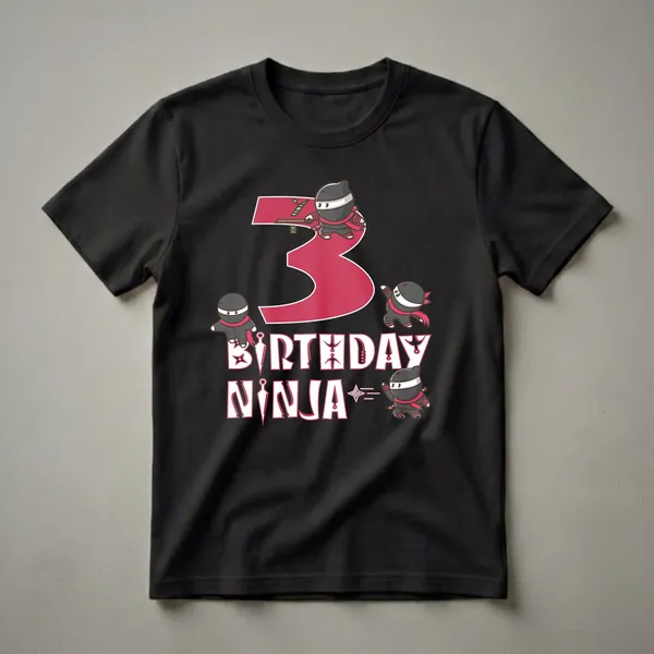 Black t-shirt featuring a large red number '3' surrounded by cartoon ninjas and the words 'BIRTHDAY NINJA' in white with red outlines.