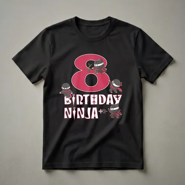 Black t-shirt with a large red number 8, the words BIRTHDAY NINJA, and four cartoon ninjas in black and red.