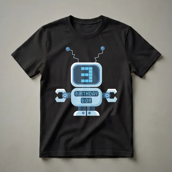 Light blue graphic t-shirt featuring a cartoon robot with a digital display showing the number 3 and the words BIRTHDAY BOY.