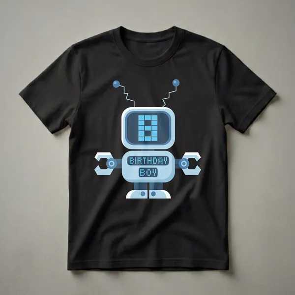Light blue graphic t-shirt featuring a cartoon robot with a digital screen displaying the number 8 and the text 'BIRTHDAY BOY'.