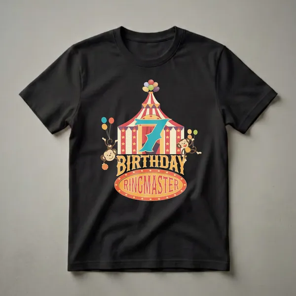 A graphic t-shirt featuring a vintage circus tent with a large number 7, two monkeys holding balloons, and the words 'BIRTHDAY RINGMASTER'.
