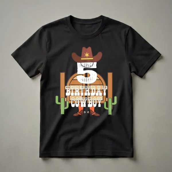 Black shirt with a cartoon western birthday graphic featuring a brown sheriff's hat, distressed number 5 over saloon doors, BIRTHDAY COWBOY text, orange boots with spurs, and two green cacti.