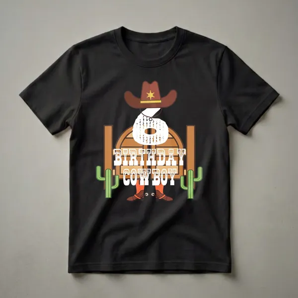 White graphic t-shirt featuring a cartoon cowboy theme with the number 6, 'BIRTHDAY COWBOY' text, a cowboy hat, saloon doors, cacti, and cowboy boots with spurs.