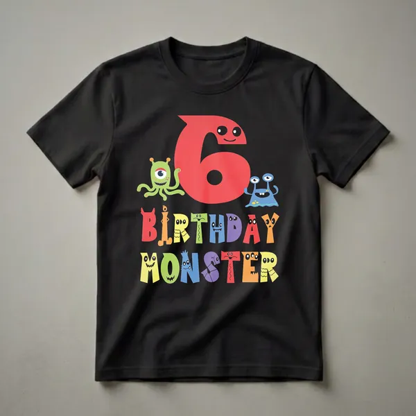 A black t-shirt graphic featuring a large red number 6 with cartoon monsters and colorful 'BIRTHDAY MONSTER' text, designed for a child's 6th birthday party.