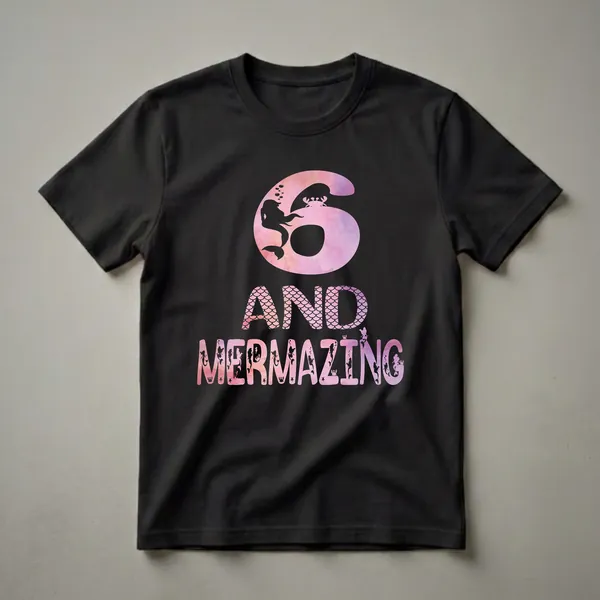 Black graphic t-shirt with the number 6 and the words 'AND MERMAZING' in pink and purple watercolor textures, featuring mermaid and ocean-themed silhouettes.