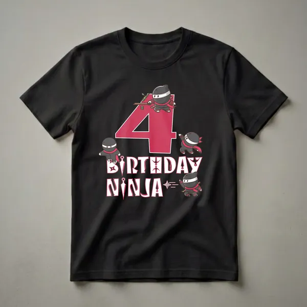Black t-shirt with a large red number 4 and four cartoon ninjas in black and red outfits, with white text reading 'BIRTHDAY NINJA'.