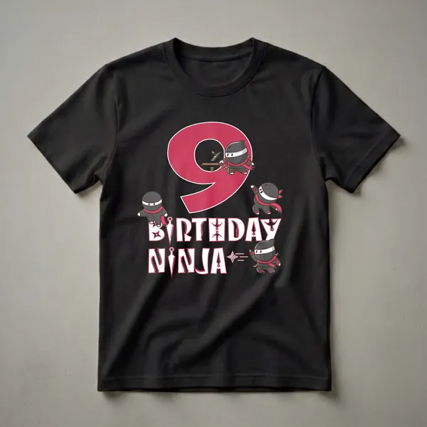 Black t-shirt with a large red number 9 and the words 'BIRTHDAY NINJA' in white, surrounded by cartoon ninjas in black and red outfits.