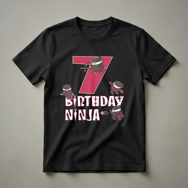 Black t-shirt with a large red number 7 and cartoon ninjas holding weapons, with the text 'BIRTHDAY NINJA' in white.
