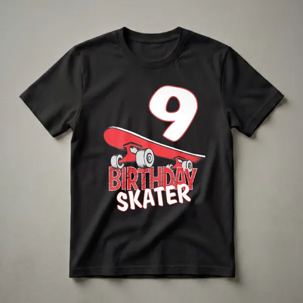 Black t-shirt with a graphic design of a red skateboard, the number 9, and the words "BIRTHDAY SKATER" in distressed red and white lettering.