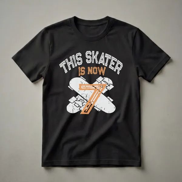 Black t-shirt with distressed graphic text 'THIS SKATER IS NOW 7' overlaying crossed grey skateboards with an orange number 7.