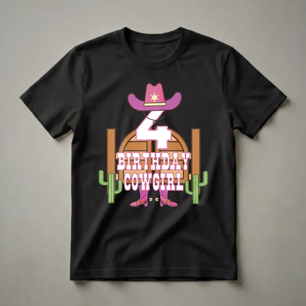 A graphic t-shirt design for a 4th birthday, featuring a pink cowgirl hat, the number 4, "BIRTHDAY COWGIRL" text, pink cowgirl boots with spurs, and cacti.