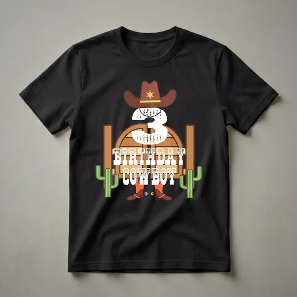 White graphic t-shirt featuring a cowboy hat, the number 3, 'BIRTHDAY COWBOY' text, cowboy boots with spurs, and saguaro cacti.