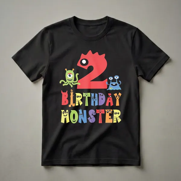 A black t-shirt graphic featuring a large red number '2' with a green alien, a blue monster, and the words 'BIRTHDAY MONSTER' in colorful, monster-themed letters.