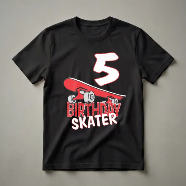Black t-shirt with a graphic design featuring a red skateboard, the number 5 in white with a red outline, and the words "BIRTHDAY SKATER" in distressed red and white lettering.