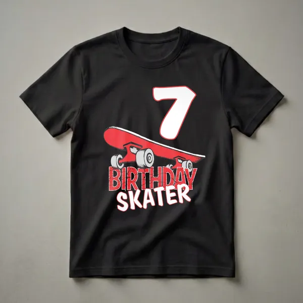 Black t-shirt with a red skateboard graphic and "7th Birthday Skater" text in white and red.