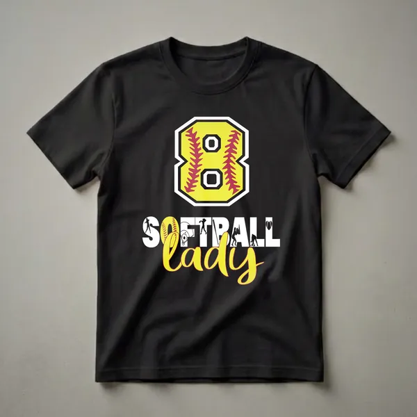 Black t-shirt with a large yellow number 8 resembling a softball, and the words "SOFTBALL Lady" with silhouettes of softball players and equipment.