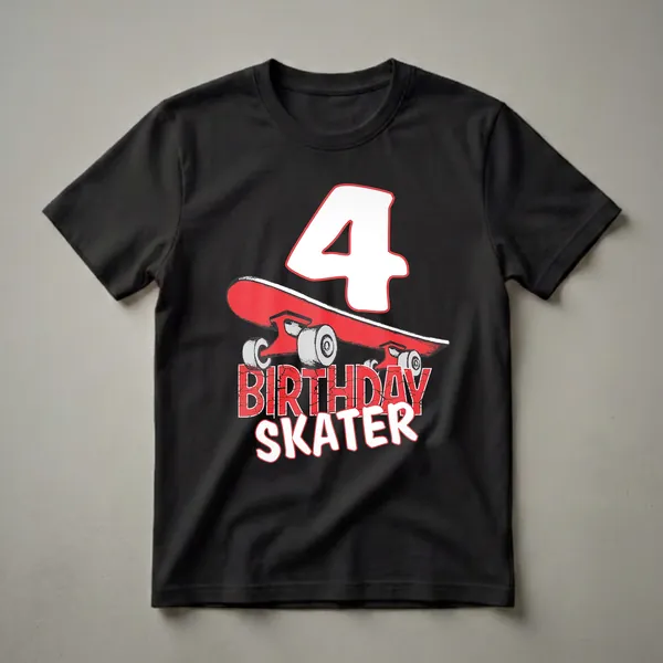 White number 4 graphic above a red skateboard with grey wheels and 'BIRTHDAY SKATER' text, on a black background.