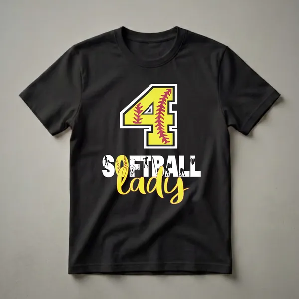 Black t-shirt featuring a large yellow number 4 with red softball stitching, the words SOFTBALL LADY, and silhouettes of softball players and equipment.
