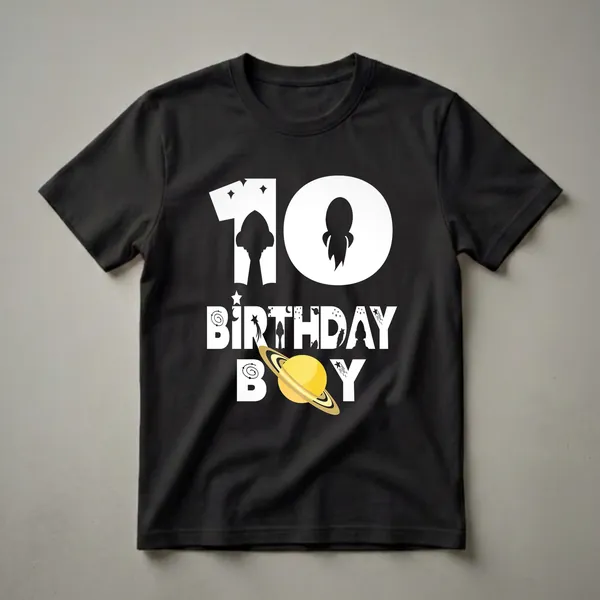 Black t-shirt with white graphic design for a 10th birthday boy, featuring the number 10, an astronaut rocket, stars, and a planet with rings.