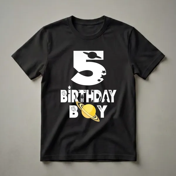 Black t-shirt with white graphic design for a 5th birthday boy, featuring the number 5, space elements like planets and rockets, and the text 'BIRTHDAY BOY'.