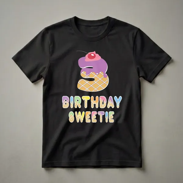 A graphic t-shirt design featuring a waffle cone shaped number 3 topped with purple ice cream and a cherry, with "BIRTHDAY SWEETIE" written below in colorful, dripping letters.