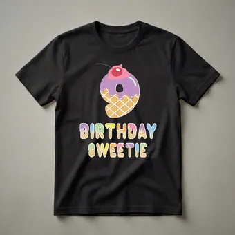 9th Birthday Sweetie Ice Cream Waffle Graphic T-Shirt for Girls