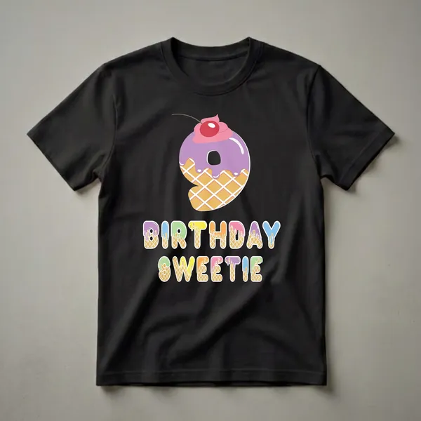 A graphic t-shirt design featuring a large number 9 styled as a waffle cone with purple frosting and a cherry, and the words 'BIRTHDAY SWEETIE' below in colorful, dripping frosting letters.