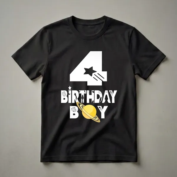 Black t-shirt with a white graphic design that includes the number 4, the words BIRTHDAY BOY, a planet resembling Saturn, rockets, stars, and moons, celebrating a 4th birthday.
