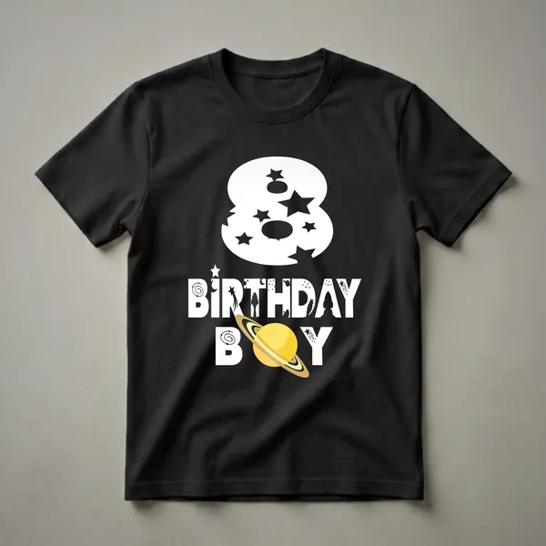 Black t-shirt with a white graphic design for an 8th birthday boy, featuring the number 8, the words BIRTHDAY BOY, and a Saturn planet illustration with stars and rockets.