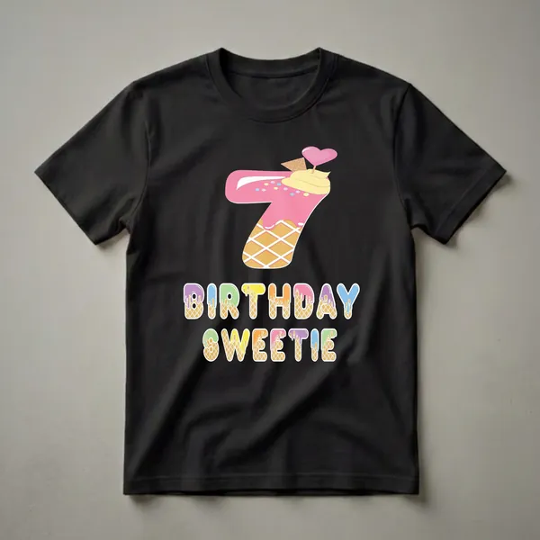 A graphic t-shirt design featuring a large number 7 shaped like an ice cream cone with pink frosting and sprinkles, and the words "BIRTHDAY SWEETIE" in colorful, dripping letters.