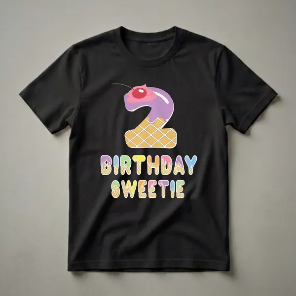 A graphic t-shirt design featuring a large number '2' styled as a waffle cone with purple icing and a cherry, and the words 'BIRTHDAY SWEETIE' below in colorful, dripping icing letters on a waffle background.
