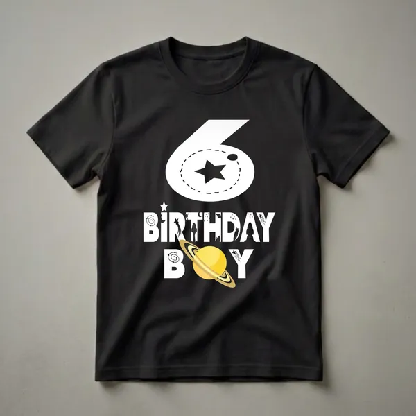 Black t-shirt with a white graphic design that includes the number 6, the words BIRTHDAY BOY, a star, a moon, rockets, and a depiction of Saturn.