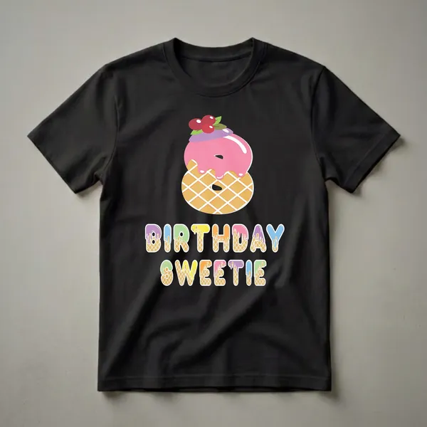 A black t-shirt graphic featuring the number 8 made of waffle and pink ice cream, with the words 'BIRTHDAY SWEETIE' in colorful, dripping letters.
