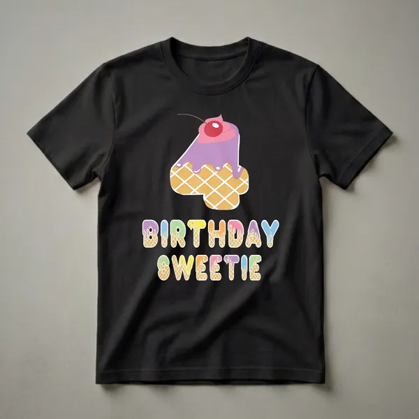 A graphic t-shirt design for a 4th birthday featuring a waffle cone shaped number 4 topped with ice cream and the words 'BIRTHDAY SWEETIE' in dripping ice cream letters.