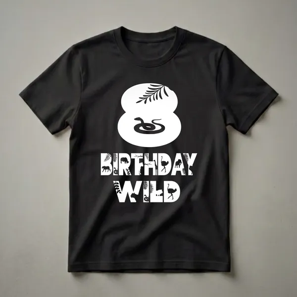 White graphic t-shirt with a large number 8 containing a snake and leaf, and the words BIRTHDAY WILD filled with silhouettes of zoo animals like lions, giraffes, elephants, and ostriches.