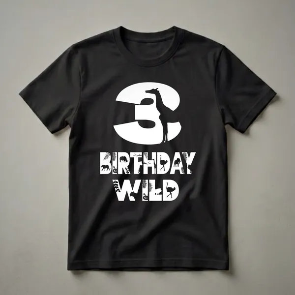 Black t-shirt with a white graphic featuring the number '3' with a giraffe silhouette, and the words 'BIRTHDAY WILD' filled with silhouettes of various zoo animals and tropical leaves.