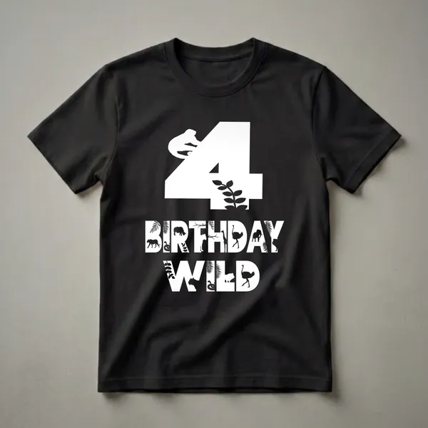 White graphic t-shirt design for a 4th birthday featuring the number 4, the words BIRTHDAY WILD, and silhouettes of various zoo animals like lions, elephants, and giraffes.
