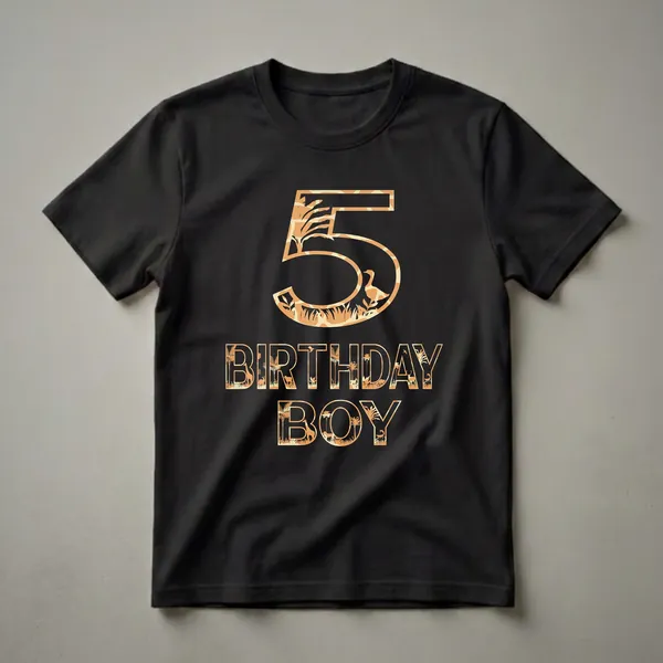 Black t-shirt with a large orange graphic featuring the number 5 and the words BIRTHDAY BOY, filled with a safari scene including giraffes, lions, rabbits, deer, and tropical plants.