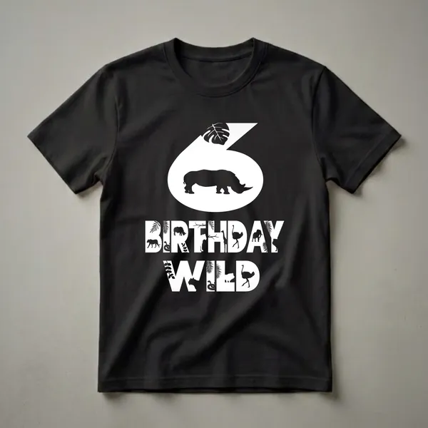 Black t-shirt with a white graphic design for a 6th birthday, featuring the number 6 with a rhinoceros silhouette and the words BIRTHDAY WILD filled with various jungle animals and tropical leaves.