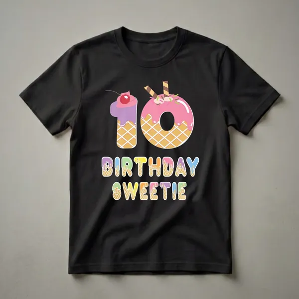 A black t-shirt featuring a "10th Birthday Sweetie" graphic with ice cream cone, donut, and waffle designs in pastel colors.