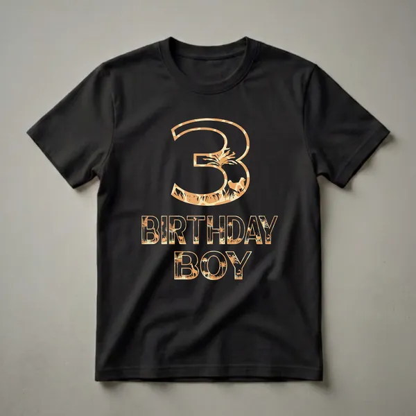 Black t-shirt with a graphic design featuring the number '3' and the words 'BIRTHDAY BOY' in orange and tan, filled with silhouettes of safari animals and jungle plants.