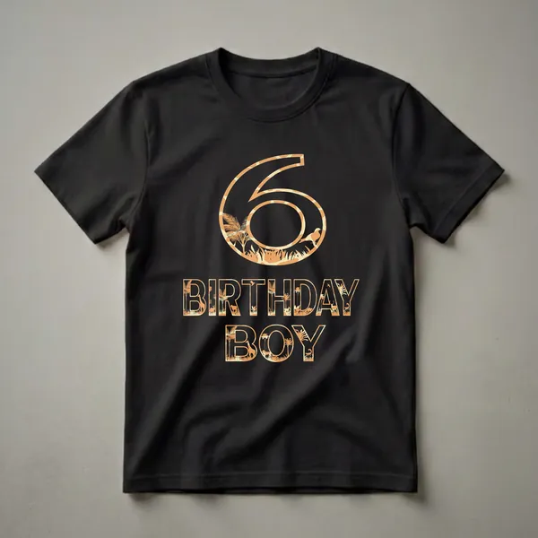 Black t-shirt with a large orange graphic featuring the number 6 and the words "BIRTHDAY BOY", filled with silhouettes of jungle animals and tropical plants.