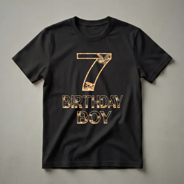 A black t-shirt graphic featuring the number 7 and the words BIRTHDAY BOY, filled with silhouettes of jungle animals like giraffes, lions, and deer, along with palm trees.