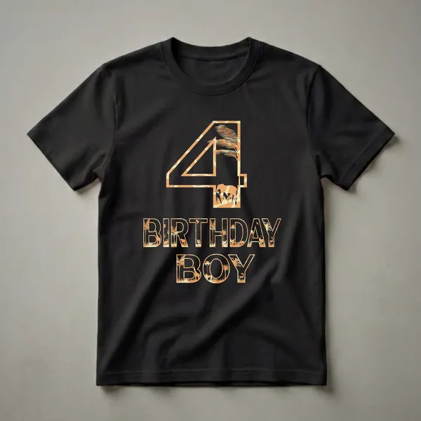 Black t-shirt with a graphic design featuring the number 4 and the words BIRTHDAY BOY, filled with silhouettes of safari animals like elephants, giraffes, and lions, along with palm trees and foliage.