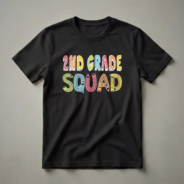 Black t-shirt with colorful "2nd Grade Squad" text graphic, featuring pencils and school supplies integrated into the lettering.