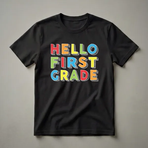 Black t-shirt with colorful, 3D-effect text that reads 'HELLO FIRST GRADE' in red, orange, yellow, green, and blue.