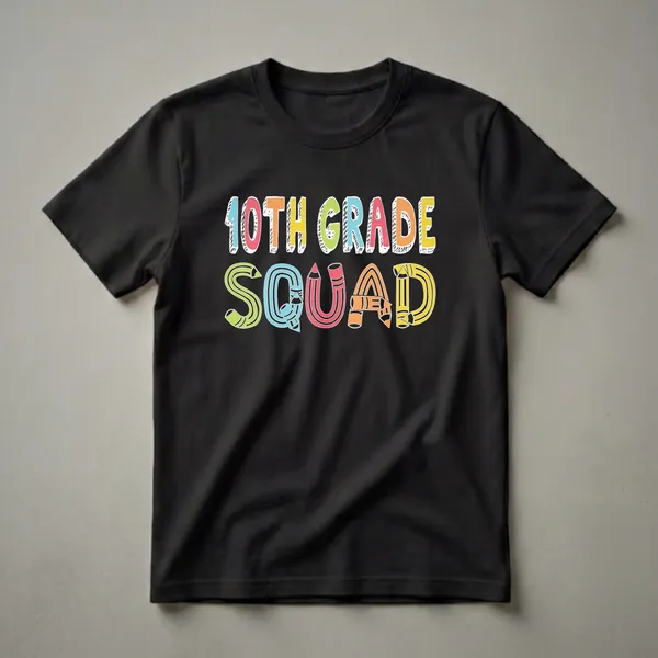 Black t-shirt with colorful '10TH GRADE SQUAD' text design. The letters are outlined in white, with some letters in the word 'SQUAD' creatively shaped like pencils.