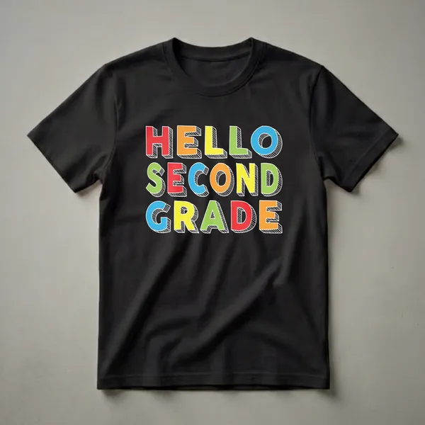 Black t-shirt with colorful, 3D-effect text that reads 'HELLO SECOND GRADE' in red, orange, yellow, green, and blue.