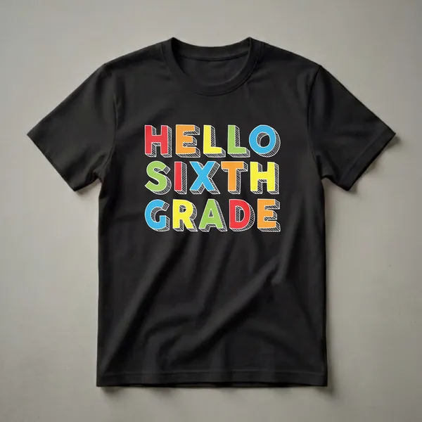 Black t-shirt with the words 'HELLO SIXTH GRADE' printed in large, colorful, 3D-effect letters in red, orange, yellow, green, blue, and purple.