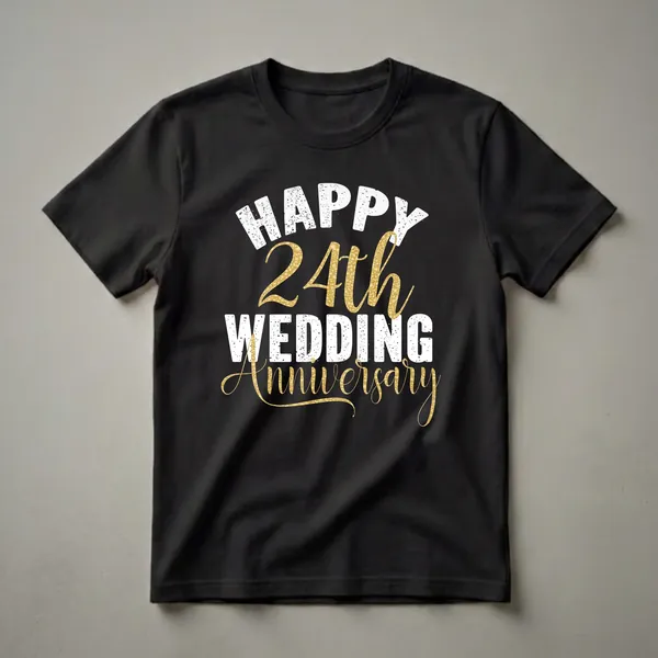 Black t-shirt with white distressed text reading 'HAPPY WEDDING' and gold textured text reading '24th Anniversary'.